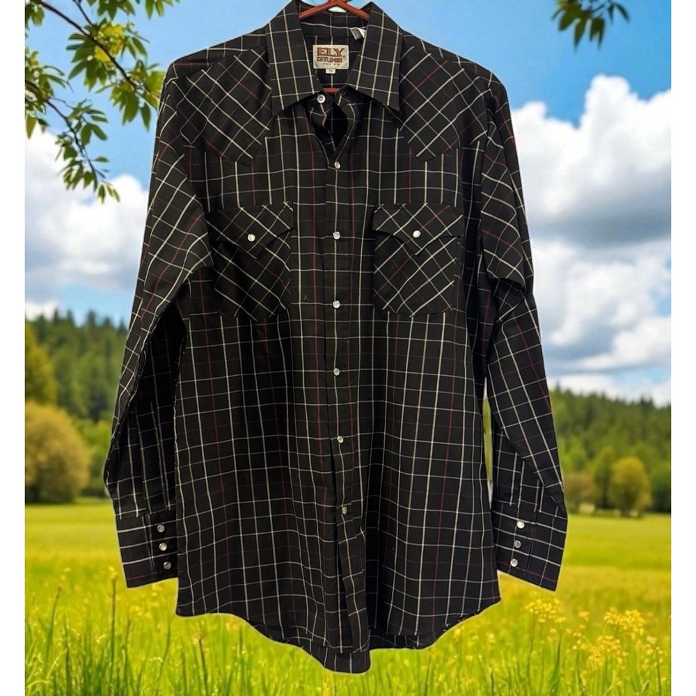 Vintage 1990's ELY Cattlemen Pearl Black Snap Western Shirt Mens Size M Medium